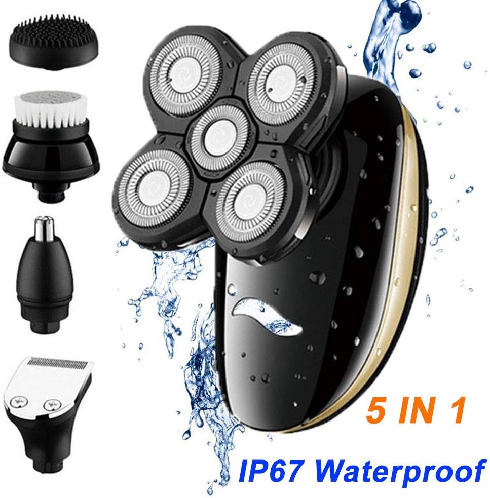 Bald Head Shaver, DokFin 5 In 1 Wet Dry Rotary Cordless Electric Shaver & Grooming Kit With 5 Floating Heads, Nose Ear Body Hair Trimmer, Face Cleaning Brush, USB Rechargeable Hair Razor For Women Men