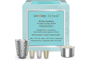 Lovley Lites Soy Tealight Candles Unscented - 36 Premium Long Burning 1 Inch Tall White Non Scented Tealights Set w Glass Tea