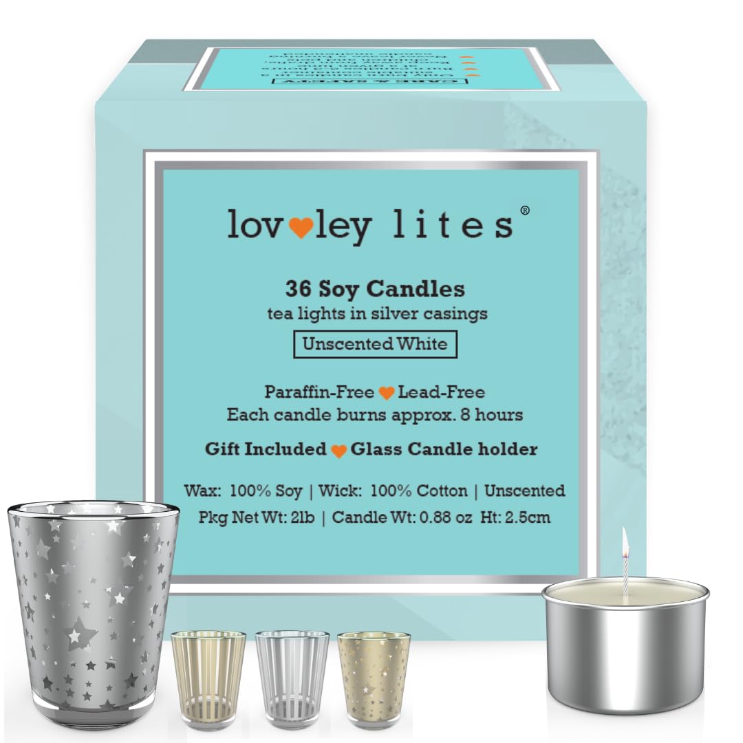 Lovley Lites Soy Tealight Candles Unscented - 36 Premium Long Burning Tea Lights, 1 Inch Tall Non Scented Soy Wax Tealights with Glass Candle Holder
