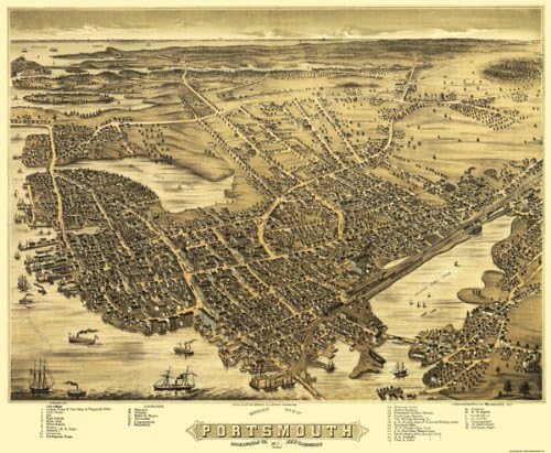 Old Panoramic Maps - PORTSMOUTH NEW HAMPSHIRE (NH) PANORAMIC MAP BY BREMNER 1877 - Glossy Satin Paper