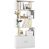 Yusong Geometric Bookcase with Cabinet, S Shaped Bookshelf 5-Tier Book Shelves for Living Room Bedroom, Modern Wood Decorativ