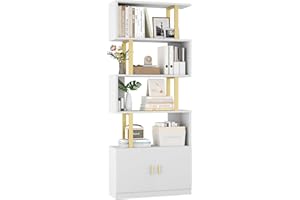 Yusong Geometric Bookcase with Cabinet, S Shaped Bookshelf 5-Tier Book Shelves for Living Room Bedroom, Modern Wood Decorativ