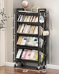 5-Tier Rolling Book Cart, Mobile Bookshelf with 2