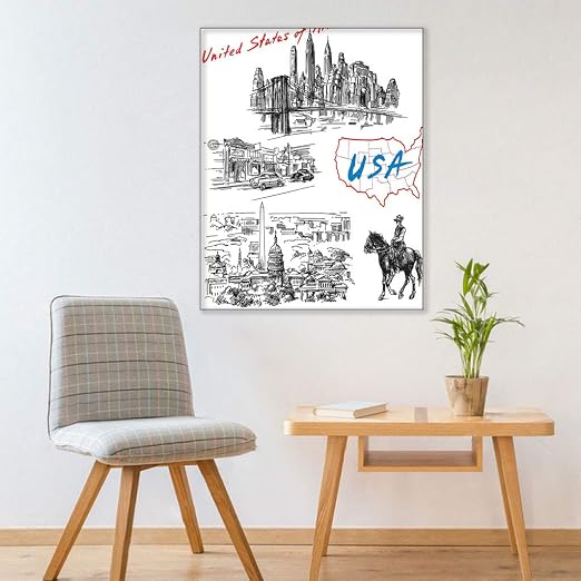 American Decor Peel and Stick Wallpaper, Hand Drawn USA Map and