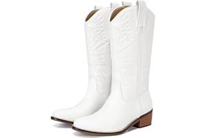 Dsevht Mid Calf Cowboy Boots for Women Round Pointed Toe Cowgirl Boots Block Chunky Heel Western Boots