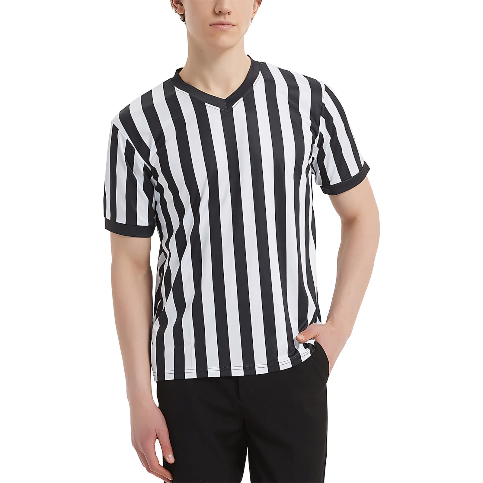 TOPTIE Sporting Goods Men's Referee Shirt Official V-Neck Black & White Stripe Jersey-S