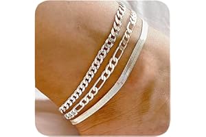 DEARMAY Dainty Silver Ankle Bracelets for Women Waterproof, S925 Sterling Silver Anklets Jewelry Layered Cuban Chain Herringbone Cute Anklets Set Pack Summer Beach Gift for Women Teen
