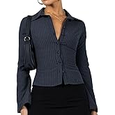 Women Pinstripe Shirt Flared Long Sleeves Button Down Fitted Crop Shirts Blouses Business Casual Top