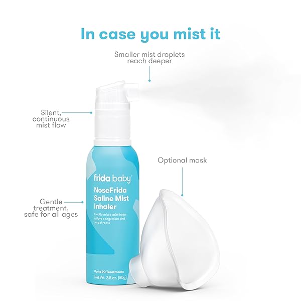 FRIDA BABY NOSEFRIDA SALINE MIST NASAL INHALER, DECONGESTANT SPRAY FOR CONGESTION & ALLERGY RELIEF FOR BABIES + KIDS, NASAL SALINE SPRAY, SOOTHES STUFFY NOSE & SORE THROAT, INCLUDES MASK