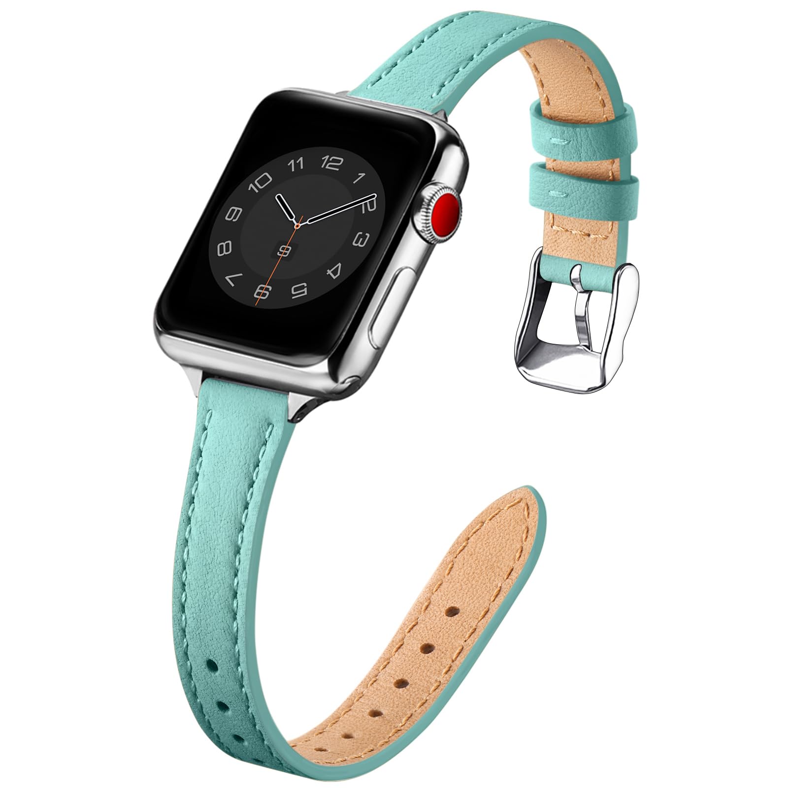 SUNFWR Compatible with Apple Watch Strap 42mm 44mm 45mm,Genuine Leather Strap Replacement,Slim&Thin Wristband for iwatch Series 7/6/5/4/3/2/1,SE(42mm 44mm 45mm,Tiffany blue&Silver)