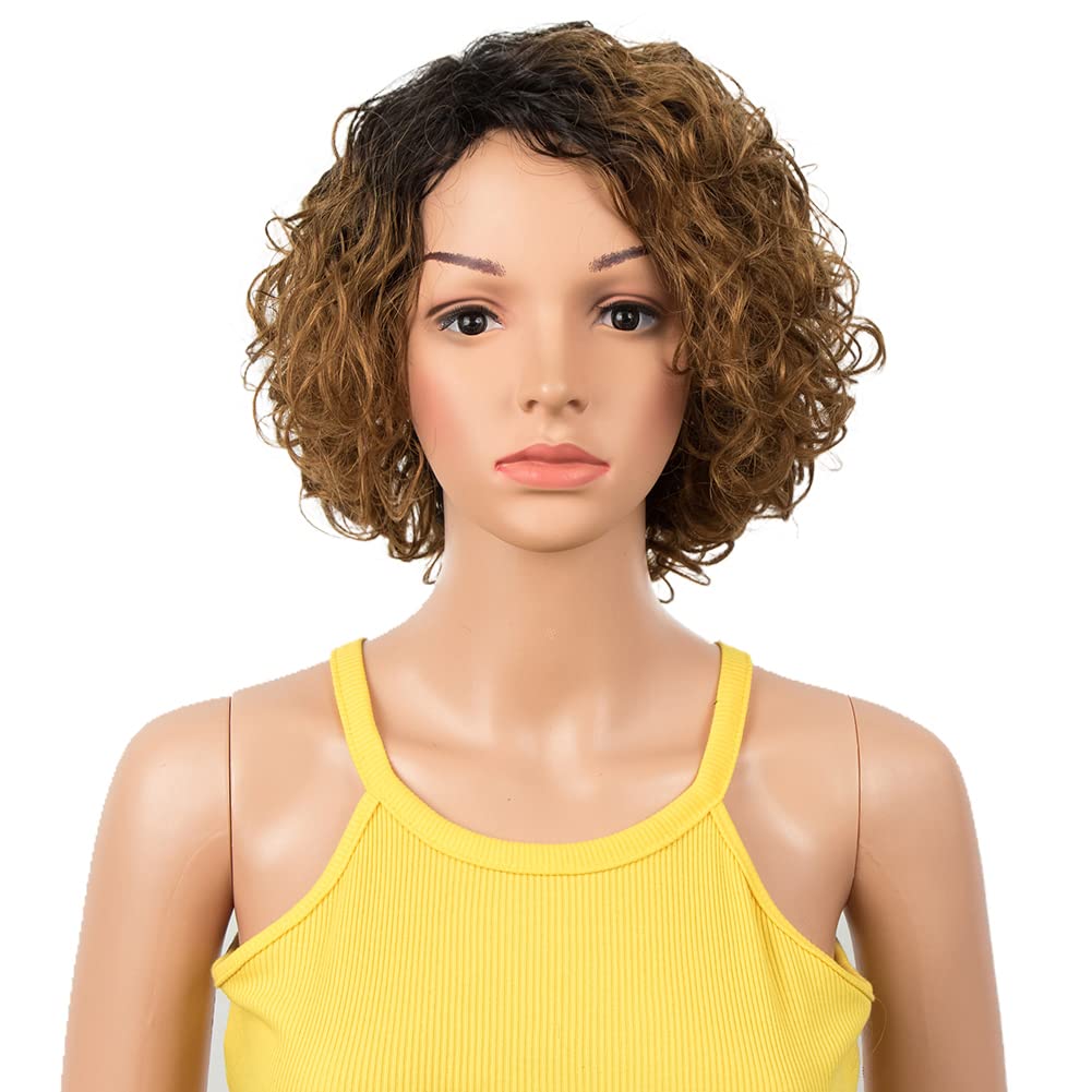 DÉBUT Short Bob Wigs with Air Bangs Short Curly Wavy Human Hair Bob Wigs for Women 10 inches 120g 130% Density (10 inches, Ombre Brown)