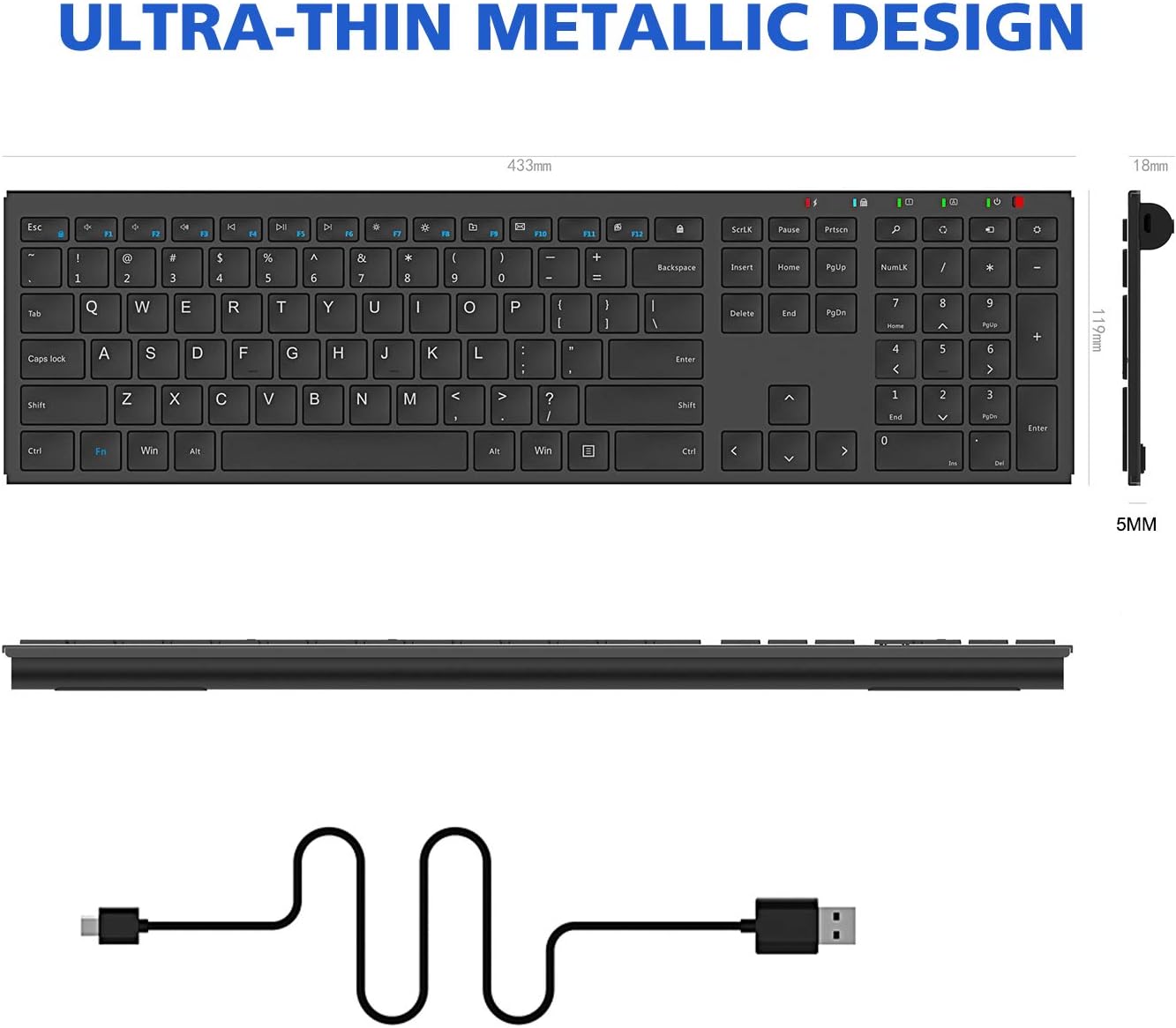 Wireless Keyboard Rechargeable, Cimetech 2.4GHz Ultra Slim Full Size Cordless Keyboard Whisper Metal for Windows, Laptop, Notebook, PC, Desktop, Computer (2.4G Black Keyboard): Computers & Accessories