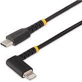 StarTech 3ft/1m USB-C to Lightning Cable Black Right-Angled (RUSB2CLTMM1MR) | Apple MFi Certified, USB 2.0, Type-C, iPhone, Male to Male, Rugged aramid fiber, TPE jacket, Up to 3A charge and sync