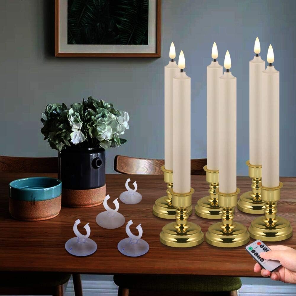 8 Pack Flameless Window Candles Set. with 8 Clips+8 Suction Cup+8 Golden Candleholders. Battery Powered Ivory LED Taper Candles with Remote Timer & Candlestick for Windows Christmas Decor: Home & Kitchen