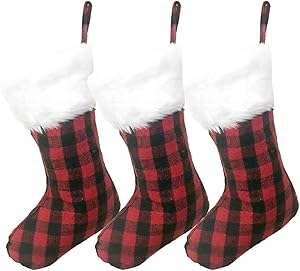 AISENO 3 Pack 20 Inch Black Red Plaid Christmas Stockings with Snowy White Faux Fur Hanging Ornaments Candy Gift Bags for Christmas Decorations