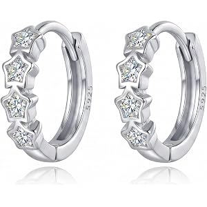 Reffeer Solid 925 Sterling Silver CZ Star Hoop Earrings for Women Teen Sparkling Small Star Huggie Earrings
