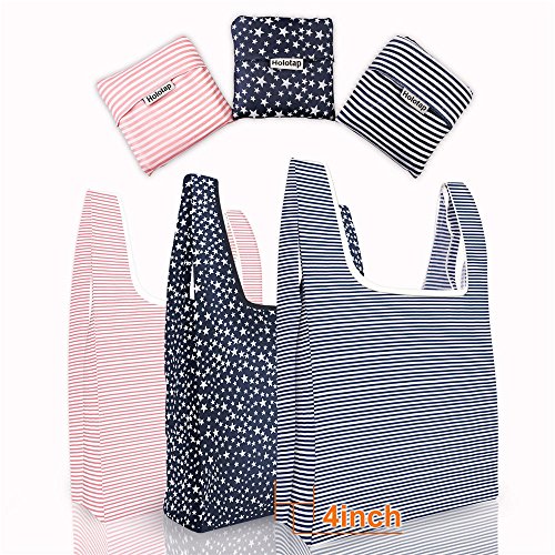 Reusable Grocery Bags 6 Pack Heavy Duty Folding Shopping Tote Bag by Holotap Washable, Durable, Lightweight and Waterproof Nylon Reusable Shopping Bags (Starry sky, Stripe)