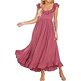 R.Vivimos Summer Dress for Women Sleeveless Boho Ruffle Square Neck Tie Back Casual Backless Flowy Midi Dress