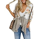Women Floral Kimono Cardigans 3/4 Ruffle Sleeve Lightweight Patchwork Flowy Boho Tie Loose Cover Ups