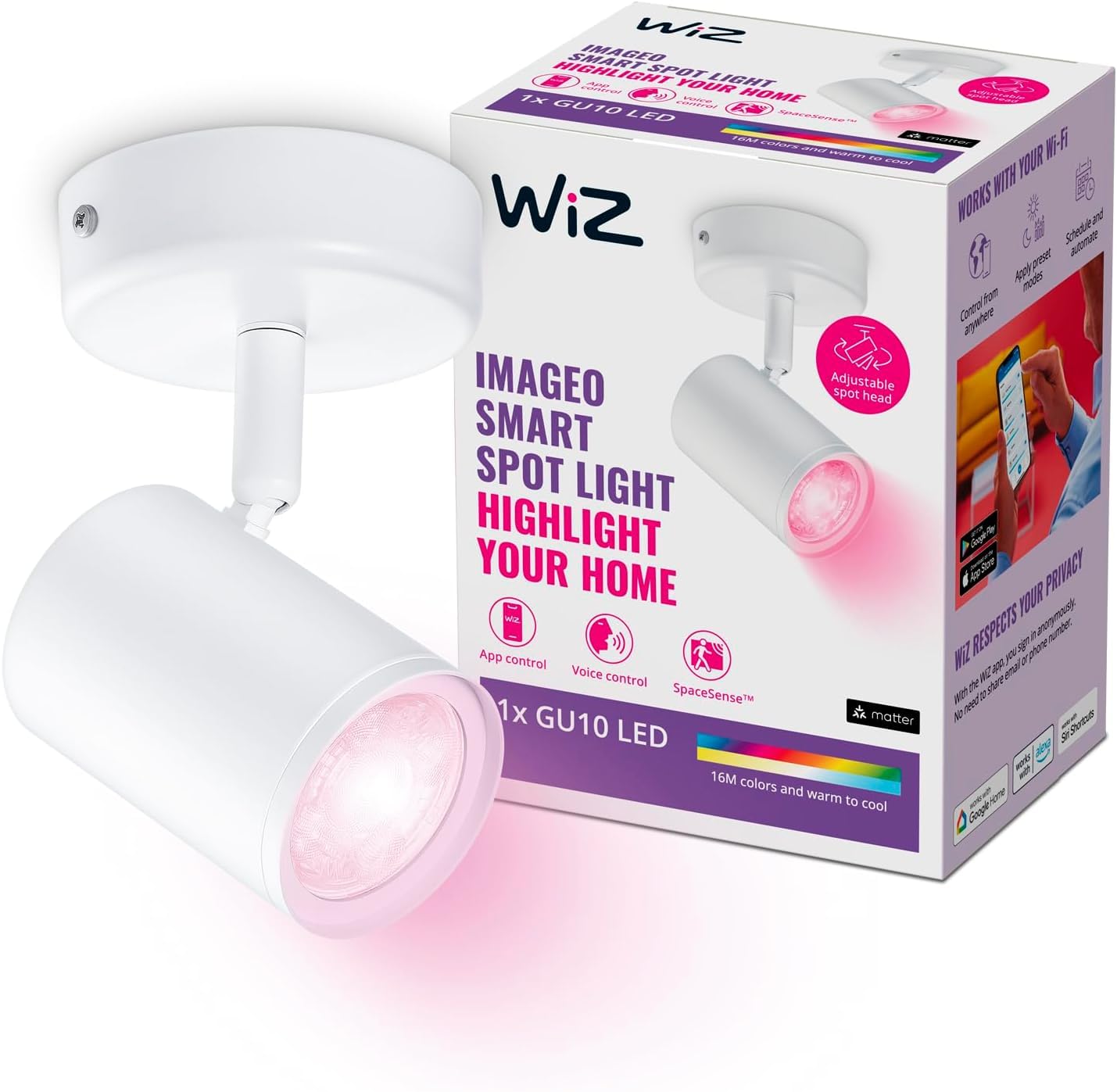 WiZ Colour Imageo Smart Connected WiFi Ceiling Light Spot Fixture. [1 Spot - White] App Control for Indoor Home Lighting, Livingroom and Bedroom — image 1