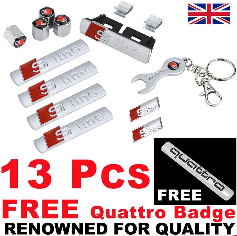 13 PC - Set S line Badge Sticker Decal Emblem Front Grill Emblem Keyring Alloy Wheel Tyre Valve Kit For Audi A1 S1 A2 S2 A3 S3 RS3 A4 S4 RS4 A5 S5 RS5 A6 S6 RS6 A7 S7 RS7 A8 S8 RS8 Q2 Q3 Q5 Q7 TT R8