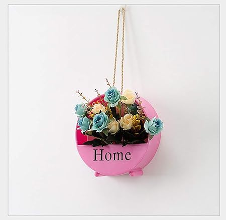 The Round Pink Plastic Wall Planter, Dedoot Wall Mounted Flower Basket Planter with Rope Vintage Wall Hanging Flower Pot Stand Plant Holder Home Decor