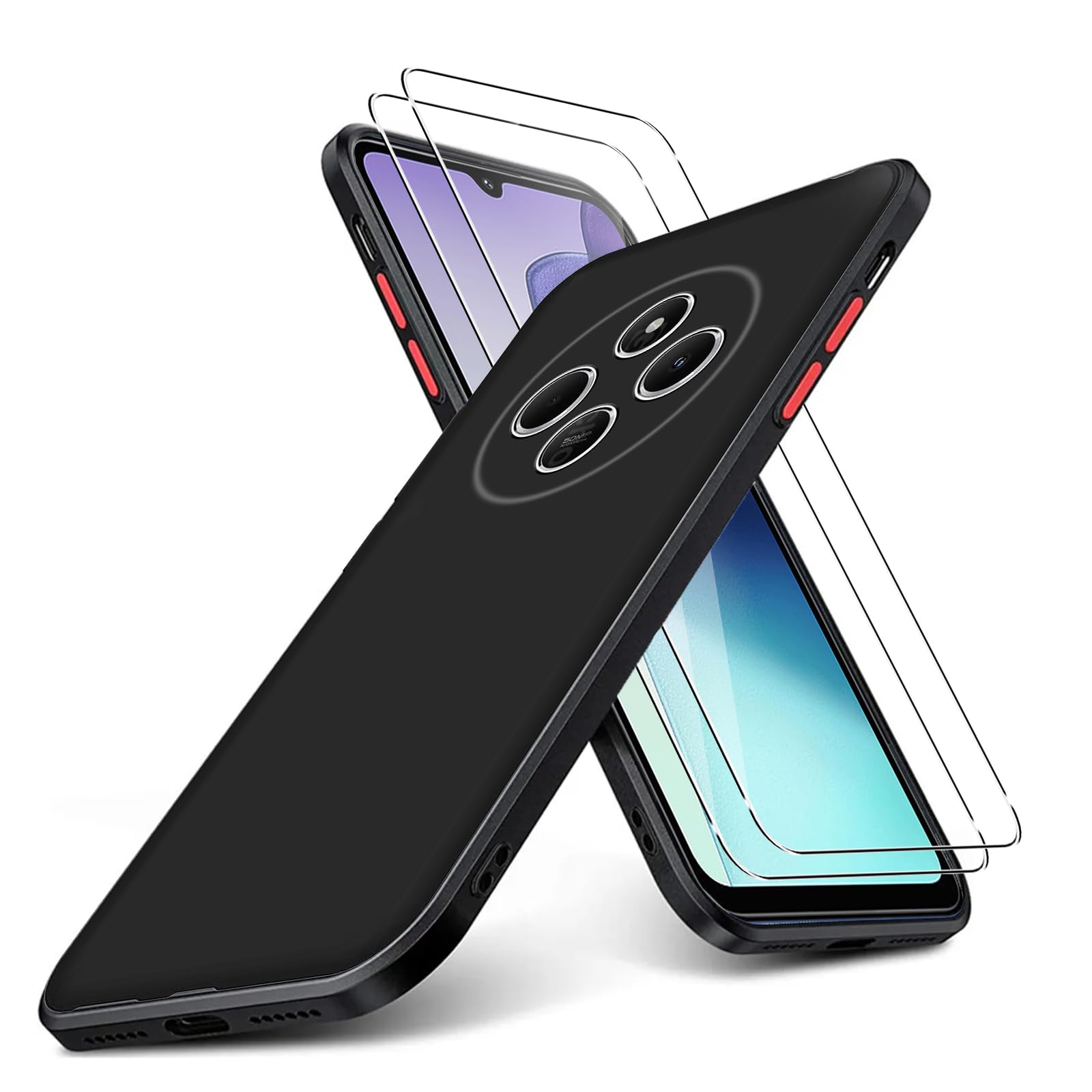 Case for Xiaomi POCO M7 5G/Redmi 14C 4G/Poco C75/Redmi A4 5G + 2 Pack Screen Protector Tempered Glass,Anti Scratch,Drop Protection,Non Slip Soft TPU Thin Full Body Protective Phone Cover,Black