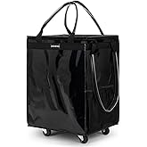 (Medium,Black) Reusable Grocery Bag on Wheels, 70L Foldable Rolling Tote, Carries Up to 66 lbs Shopping Trolley, Zipper Clouser Shopping Carts for Trips, Laundry, 4 Heavy Duty Wheels and 3 Handles