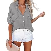 Diosun Womens Button Down Shirts V Neck Casual Long Sleeve Roll Up Loose Plain Blouses Tops with Pockets