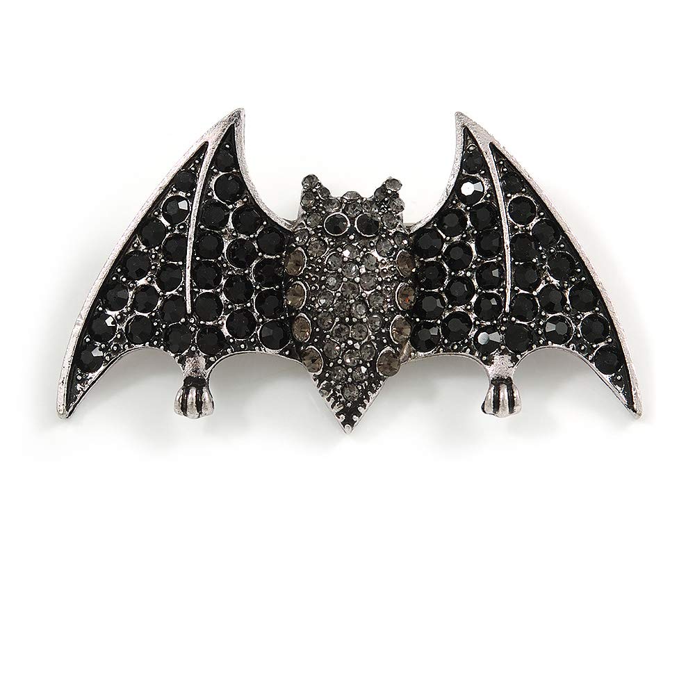 Black/Grey Crystal Bat Brooch In Silver Tone Metal - 60mm Across