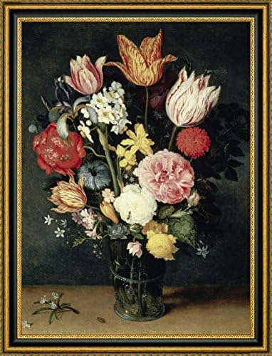 Tulips, Roses and other Flowers in a Glass by Balthasar Van der Ast - 19" x 26" Framed Giclee Art Print on Canvas - Ready to Hang