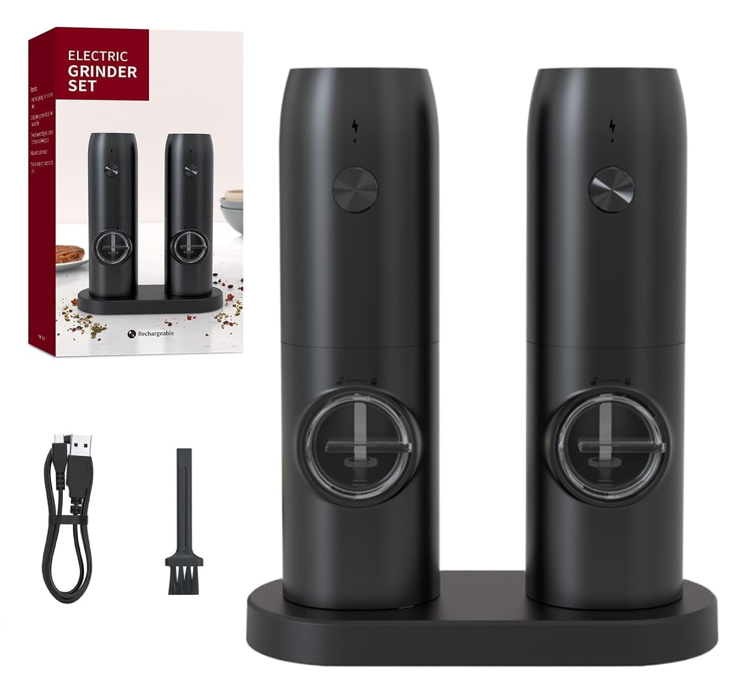 USB Rechargeable Electric Salt and Pepper Grinder Set with Charging Base, Ceramic Grind and LED Light Type Charge, Adjustable Coarseness, Automatic Grinder for Home, Kitchen