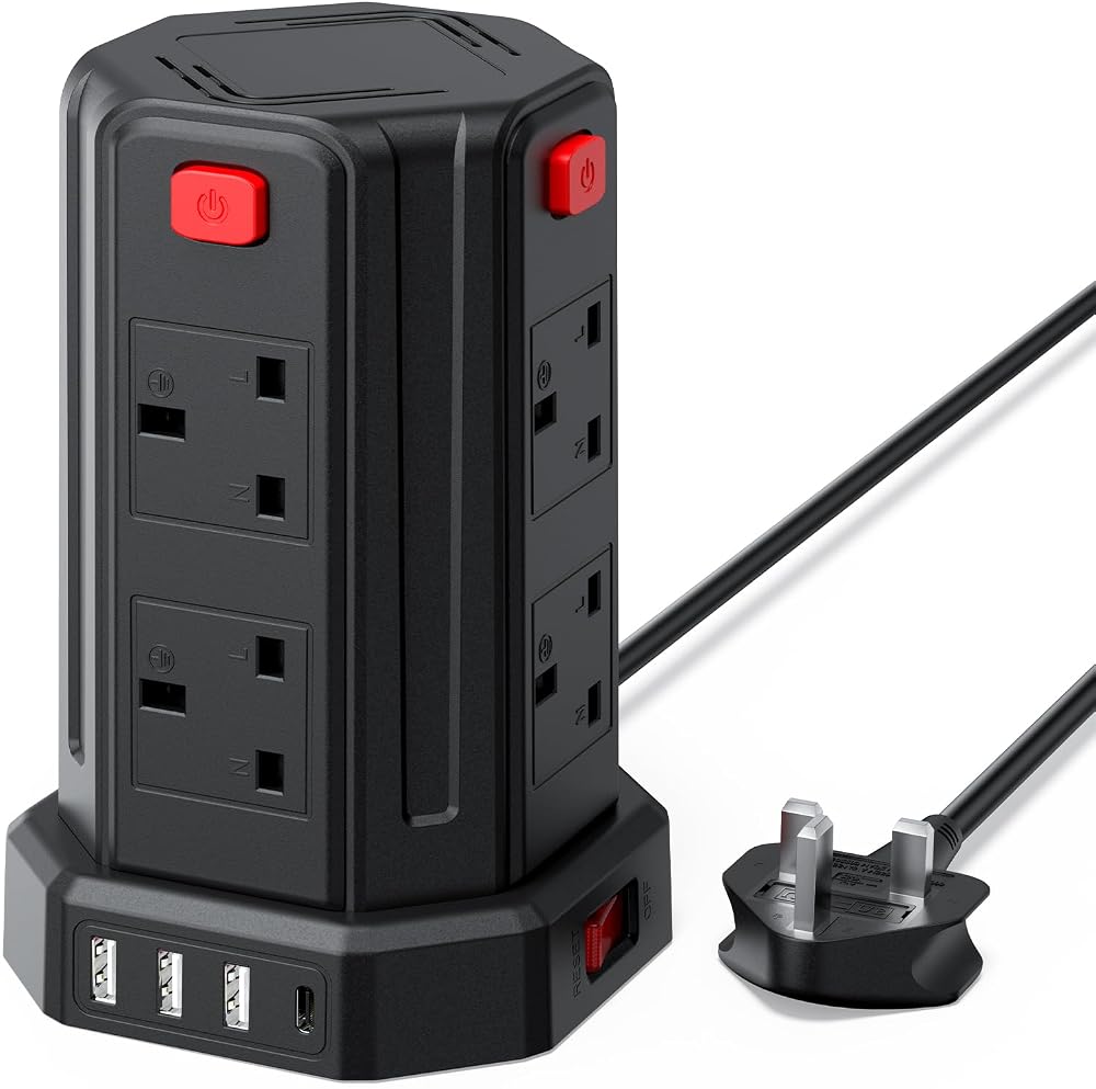 Sameriver 2M Tower Extension Lead 13A 3250W 8 AC Outlets 4 USB Ports