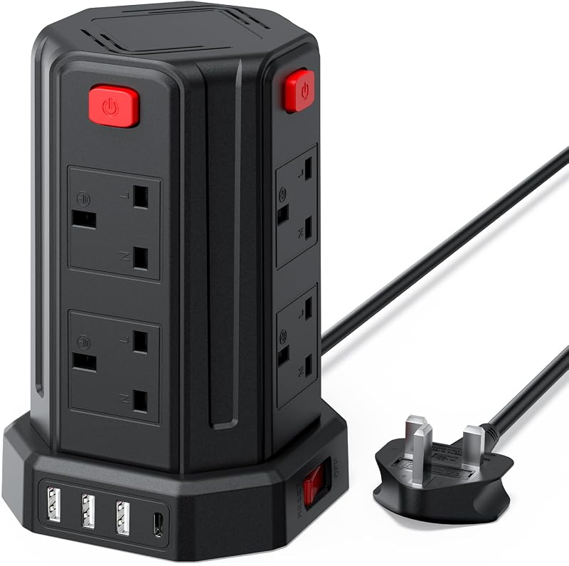 Sameriver 2M Tower Extension Lead 13A 3250W 8 AC Outlets 4 USB Ports