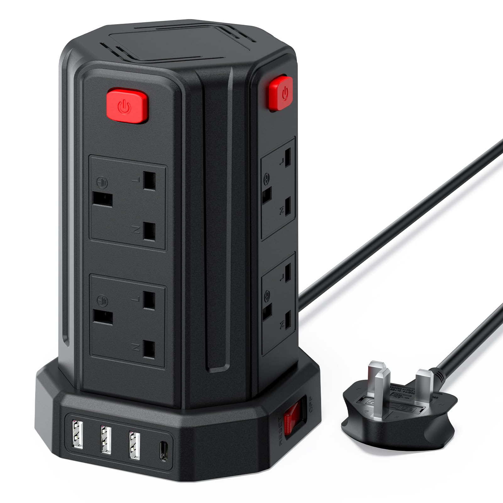 Tower Extension Lead 2M, (13A 3250W) 4 USB Ports and 8 Way Extension Tower, Surge Protection Extension Lead with 4 Independent Control Switch, Extension Cable for Home, Office, Kitchen