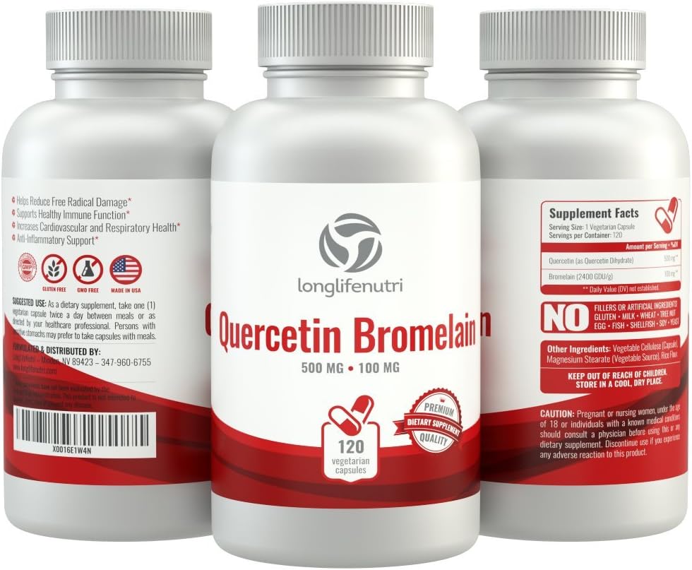 Quercetin 500mg with Bromelain 100mg 120 Vegetarian Capsules | Natural Anti Inflammatory Antioxidant Supplement | Allergy Relief Complex | Heart Health | Dihydrate Pure Powder Extract Cap 500 mg Plus: Health & Personal Care