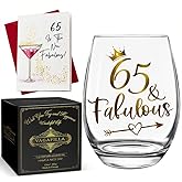 Vagafilla 65 & Fabulous Stemless Wine Glass 15oz, 65th Birthday Glitter Gold Design Wine Glass Gifts for Grandma Mom Women Female Friends Wife Coworker, 65 Is the New Fabulous Card Gifts for Women-103