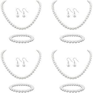Pdrocus 12 Pcs Pearl Necklace Jewelry Sets for Women- 4 Sets Classic 8mm White Faux Pearl Necklace Earring and Bracelet Set -