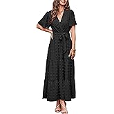 MASCOMODA Womens Summer Swiss Dot Maxi Dressses Wrap V Neck Flutter Short Sleeve Boho Casual Flowy Long Wedding Guest Dress
