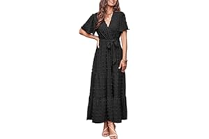 MASCOMODA Womens Boho Swiss Dot Maxi Dresses Wrap V Neck Flutter Short Sleeve Solid Tie Belt A Line Tiered Flowy Long Dresses