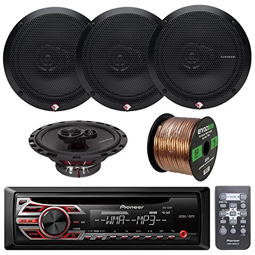 Pioneer DEH150MP Car Stereo CD Receiver Bundle Combo With 4x Rockford Fosgate R165X3 Prime 6.5" Inch 180 Watt 3-Way Full-Range Black Car Coaxial Audio Speaker + 50 Foot 16-Guage Speaker Wire