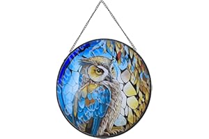 ZZHAOYI 8'' Owl Stained Glass Window Hanging, Hand Painted Suncatcher Window Decor Bird Glass Panels Art Decor Gifts for Women Thanksgiving (Owls B)