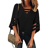 LookbookStore Tops for Women Trendy 2024 Dressy Casual V Neck Mesh Panel Blouse 3/4 Bell Sleeve Shirt
