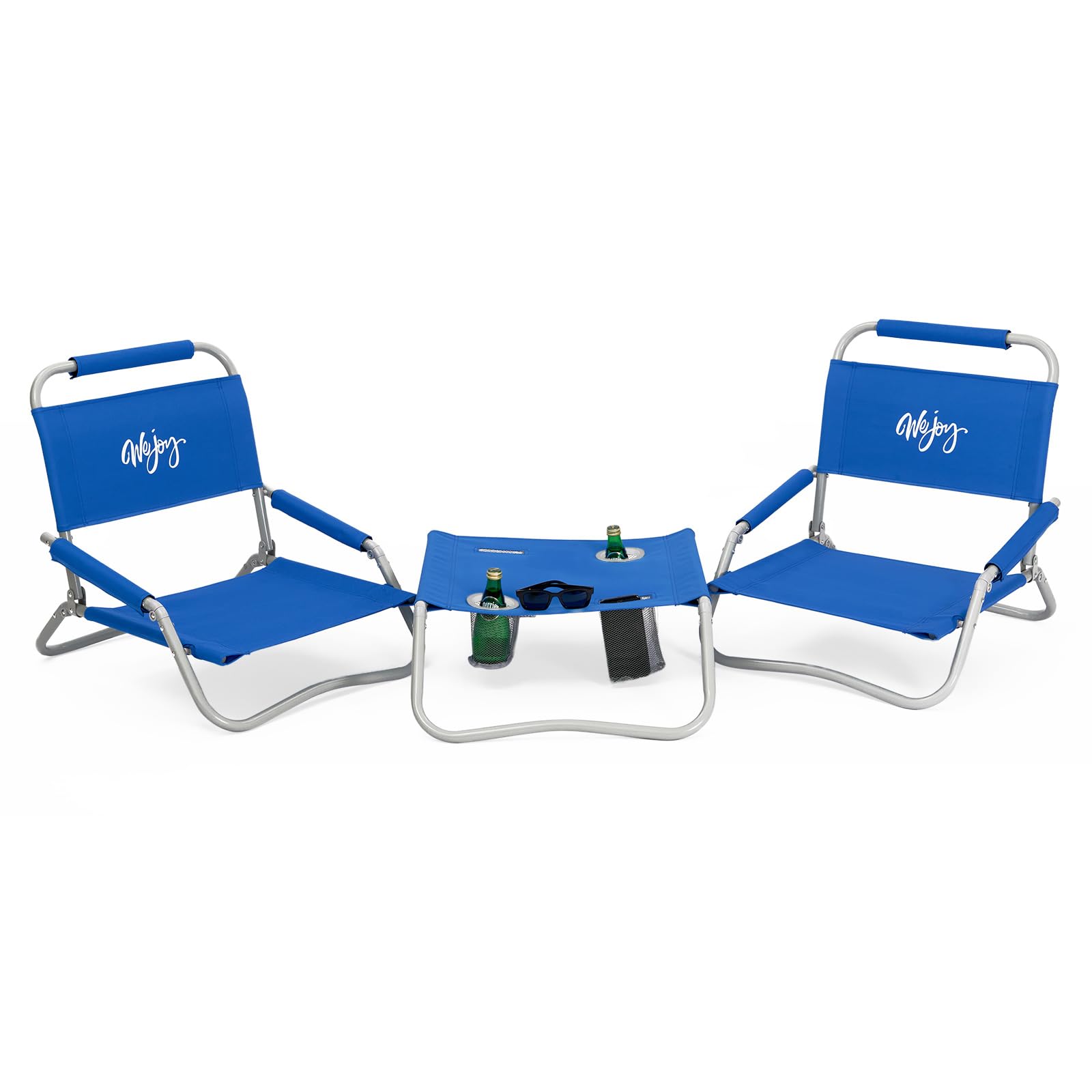 Photo 1 of #WEJOY 2 Pack Beach Chairs and Table Set Folding Low Beach Chairs for Adults Lightweight Outdoor Chair with Carry Bag for Lawn Camping Picnic Sports Blue Chair & Table Set