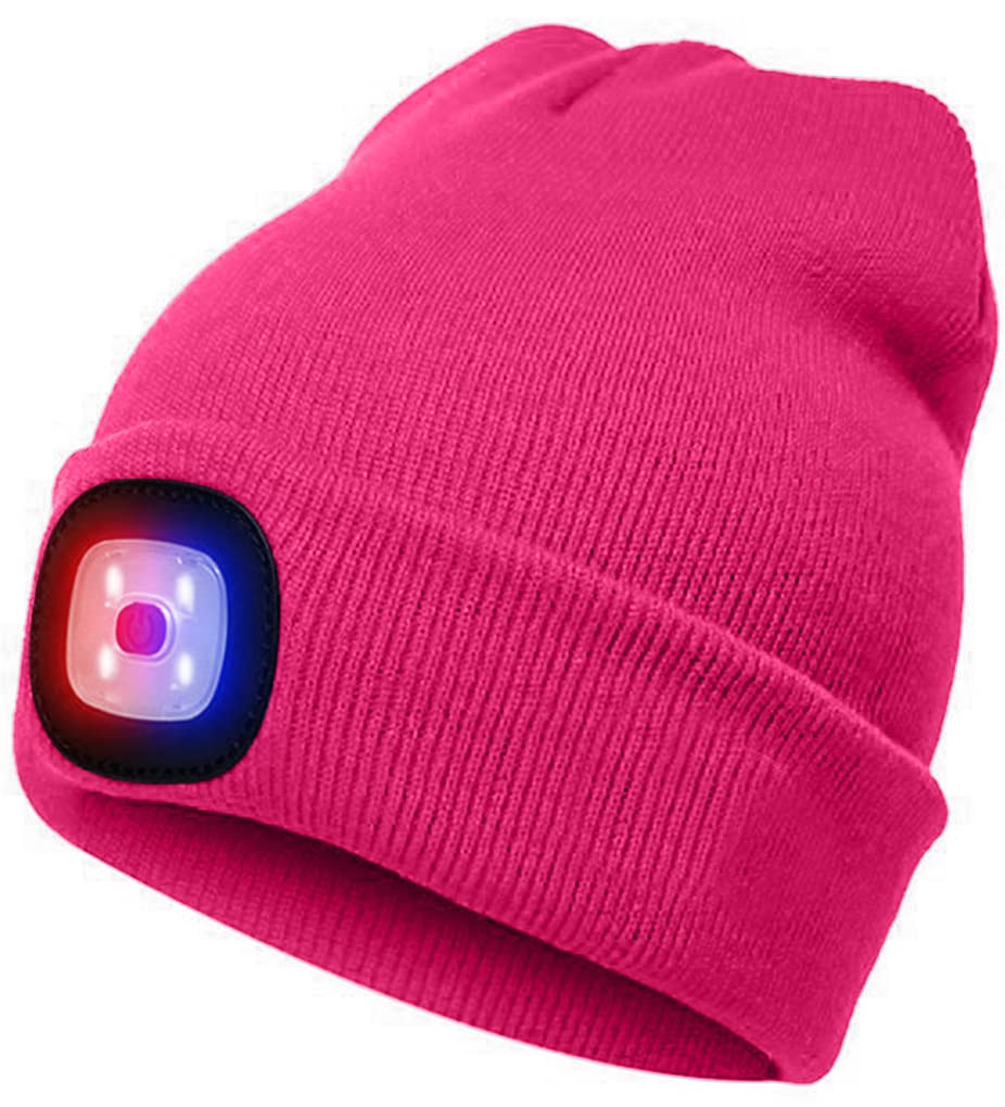 ATNKE LED Lighted Beanie Cap,USB Rechargeable 4 LED Red and Blue Glow Flashing Running Headlamp Hat Winter Warm Gifts for Men and Women/Rose Red
