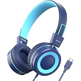 Bywulanda Upgrade USB Type C Kids Headphone for School, 94dB Safe Volume Limited, HD Stereo Sound, Foldable Lightweight On-Ear Headphones for Boys/Girls/Students/Tablet/Travel (Dark Blue)