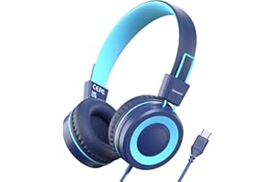 Bywulanda Upgrade USB Type C Kids Headphone for School, 94dB Safe Volume Limited, HD Stereo Sound, Foldable Lightweight On-Ear Headphones for Boys/Girls/Students/Tablet/Travel (Dark Blue)