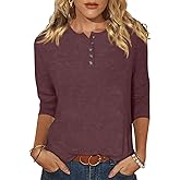 EADINVE Womens Crew Neck 3/4 Sleeve Tops Basic Button T-Shirts Solid Loose Cute Tunic Tee Blouses Fit Pullover