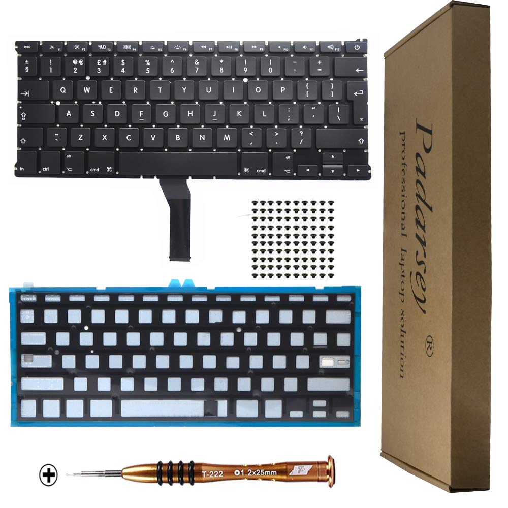 Pardarsey New Backlight Keyboard UK layout Compatible for MacBook Air 13-Inch A1369 A1466 MC965LL MC966LL EMC 2559 MD231LL/A MD760LL/A Series 2011 2012 2013 2014 2015 with 80 PCE Screws + Screwdriver