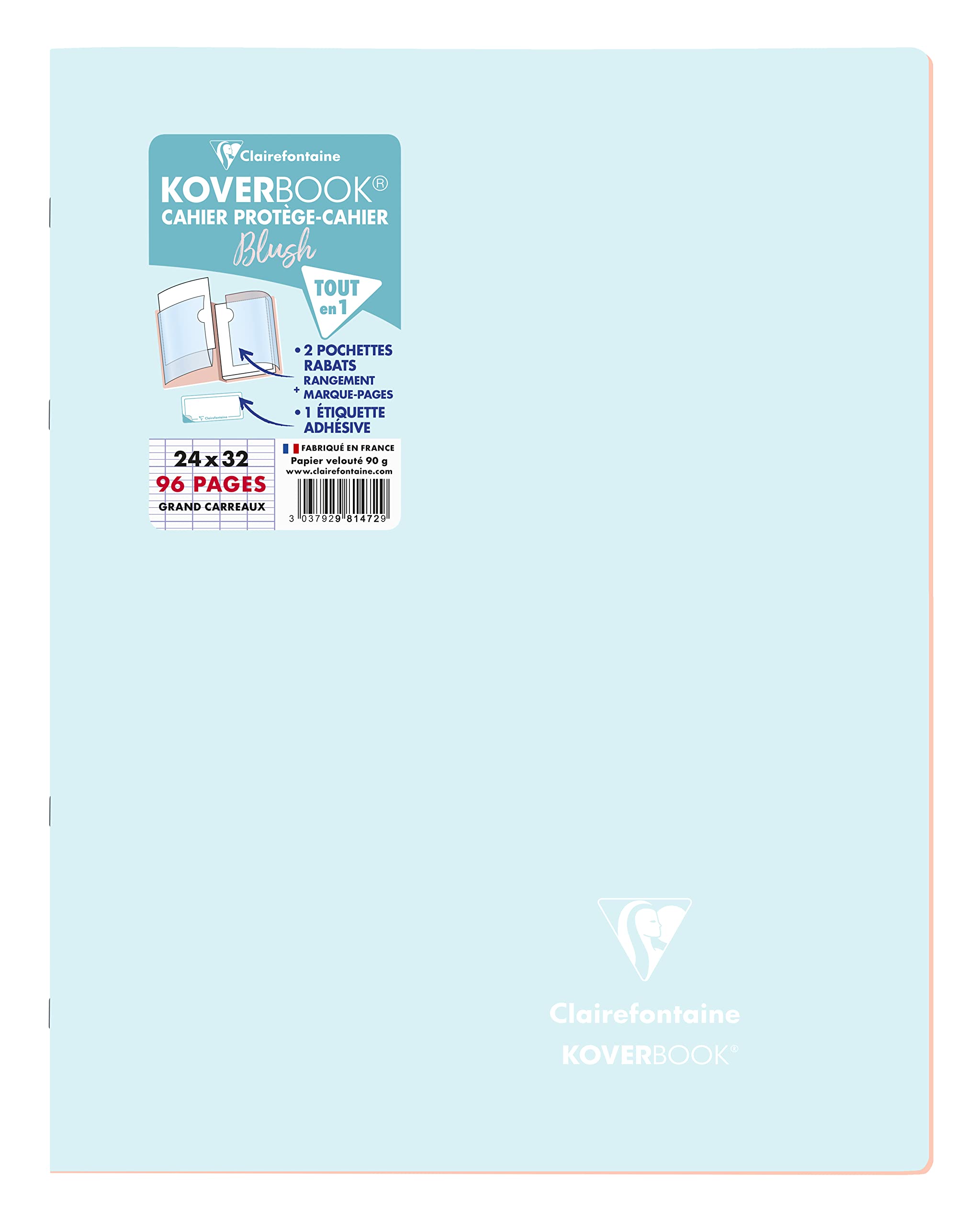 Clairefontaine 981472C - One Stapled Notebook Koverbook Blush Blue Frosted - 24x32 cm - 96 Seyes Ruled Pages - White Paper 90 g - Opaque Polypro Cover